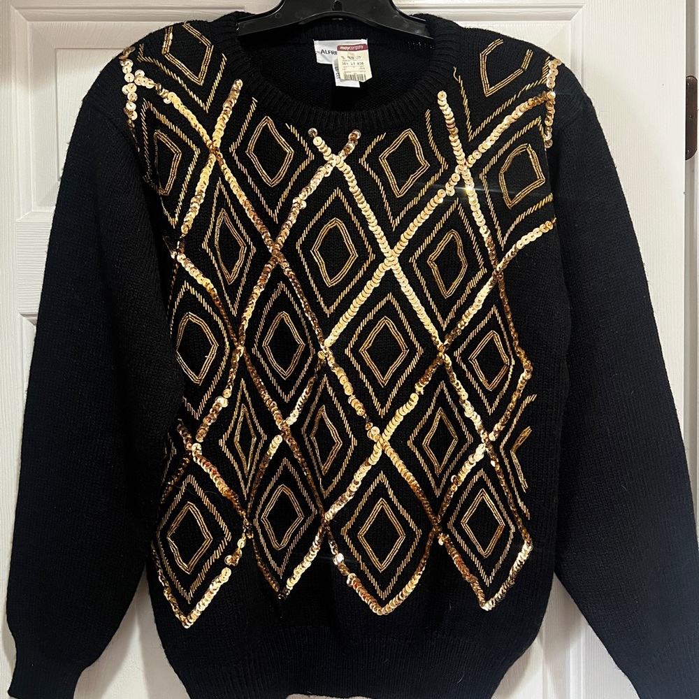 Vintage Black Sweater with Gold Sequin Diamond Pattern